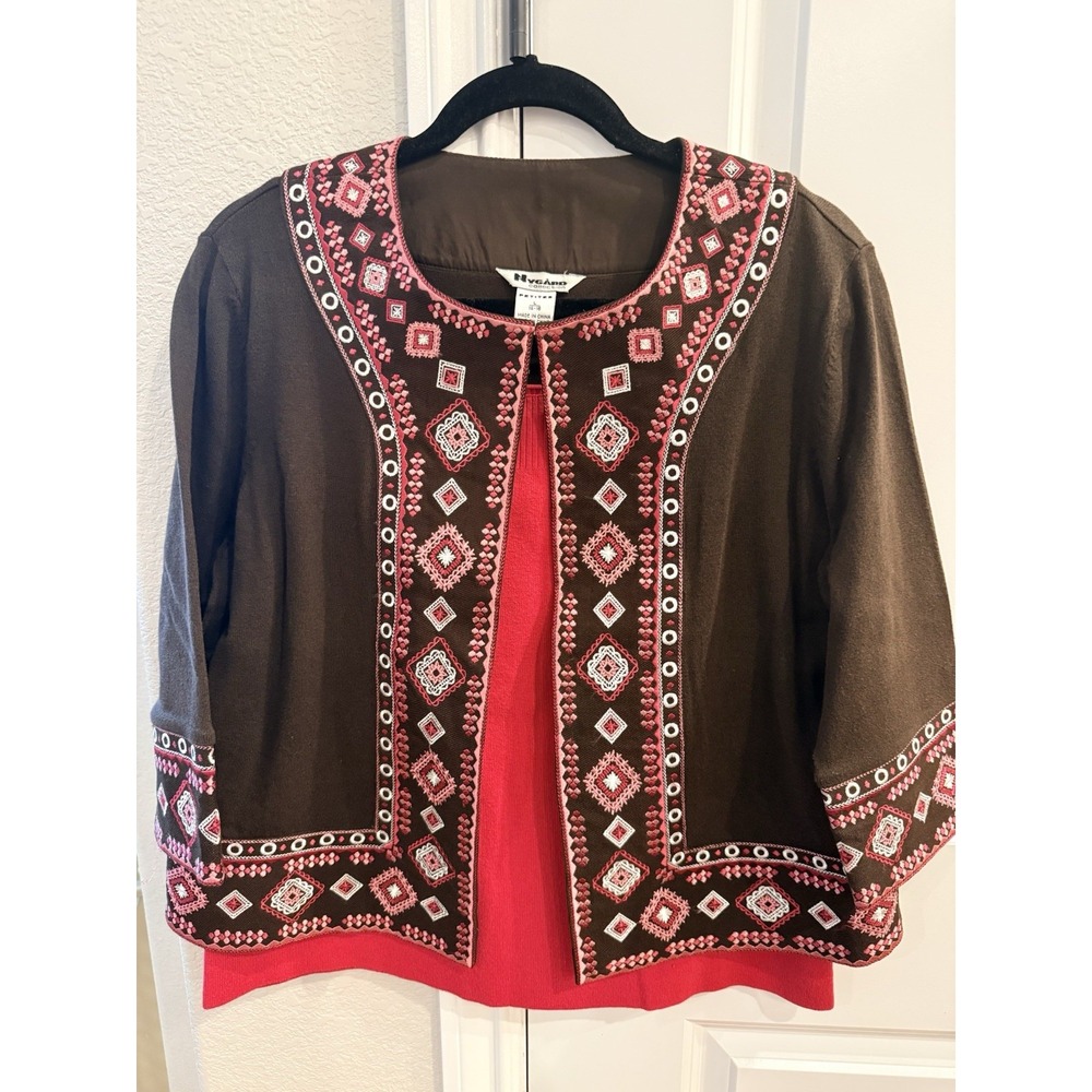 Nygard 2 Piece Brown Embroidered Jacket Blazer With Pink Sweater Tank.‎ Size (L)